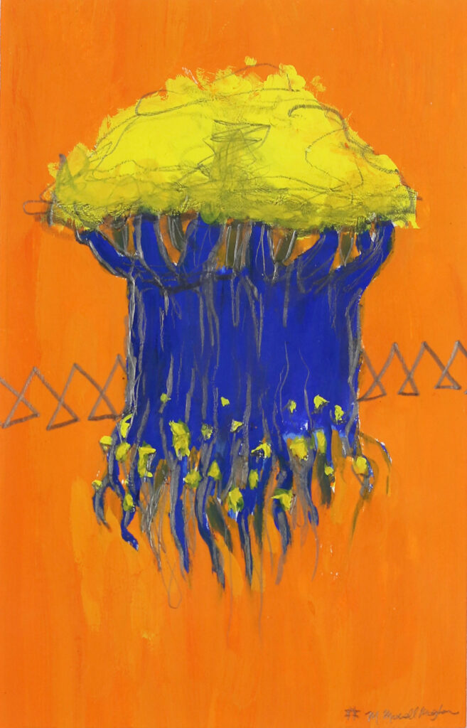 Contagious Blue Triad, gouache on paper
